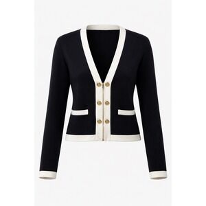 Black White Contrast Trim Cardigan Gold Button Zip Office Preppy Classic
